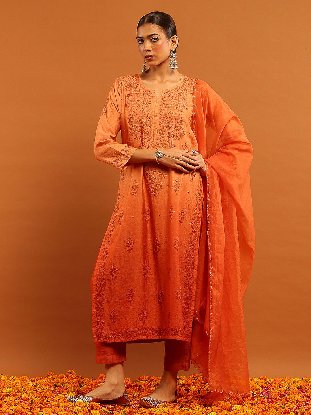 House of Chikankari Embroidered Ethnic Motifs Chanderi Kurta Trouser Set