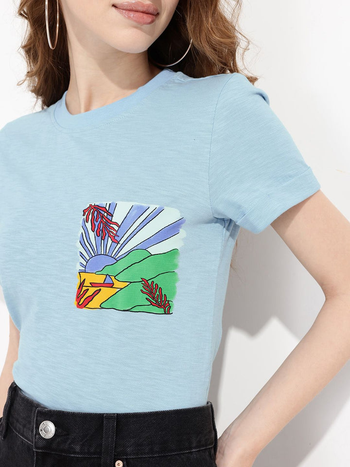 DressBerry Icy Blue Nature Inspired Printed T-shirt