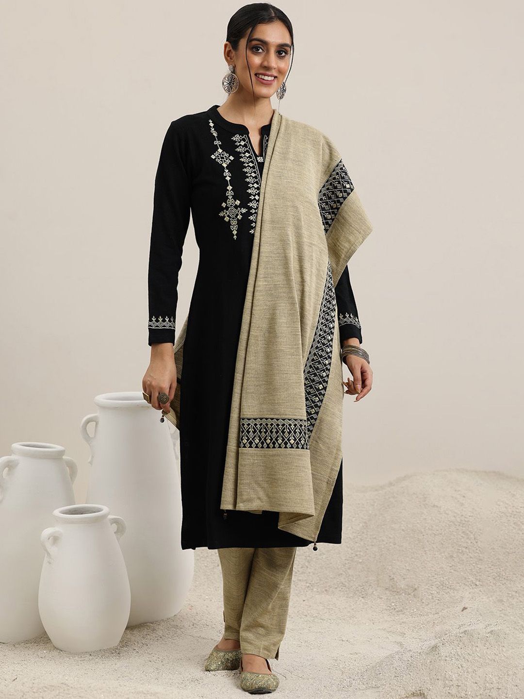 Libas Yoke Design Mandarin Collar Straight Kurta With Trousers & Dupatta