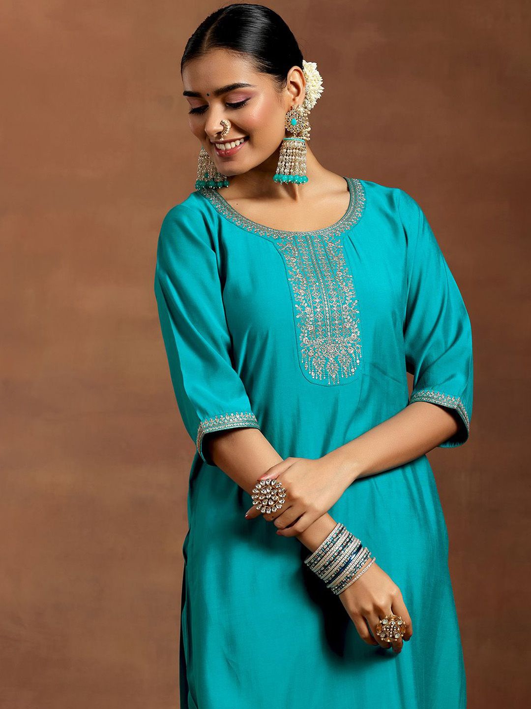 Gerua By Libas Floral Embroidered Straight Kurta with Trousers & With Dupatta