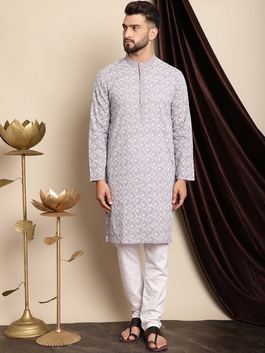 Anouk Lavender & White Floral Embroidered Thread Work Pure Cotton Kurta With Churidar