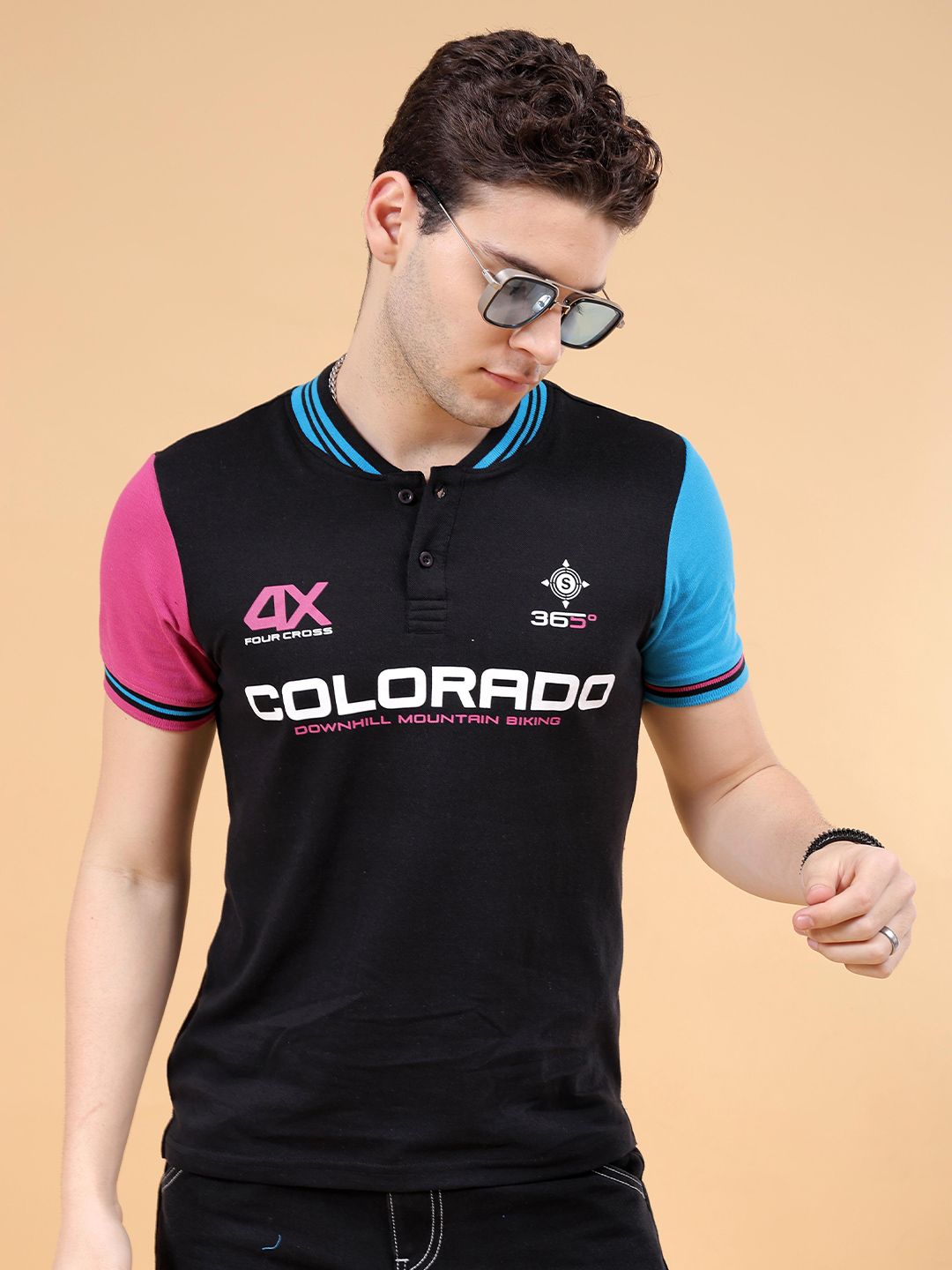 The Indian Garage Co Typography Henley Neck Applique Cotton T-shirt