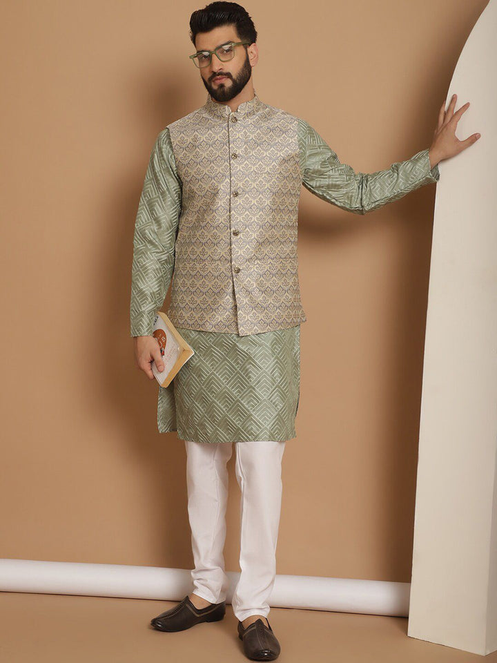 Anouk Men Geometric Embroidered Thread Work Straight Kurta With Churidar & Nehru Jacket