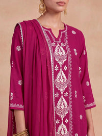 Rumah Wanita Chikankari Motif Etnik Bersulam Benang Biasa Kurta Kerja dengan Seluar & Dengan Dupatta