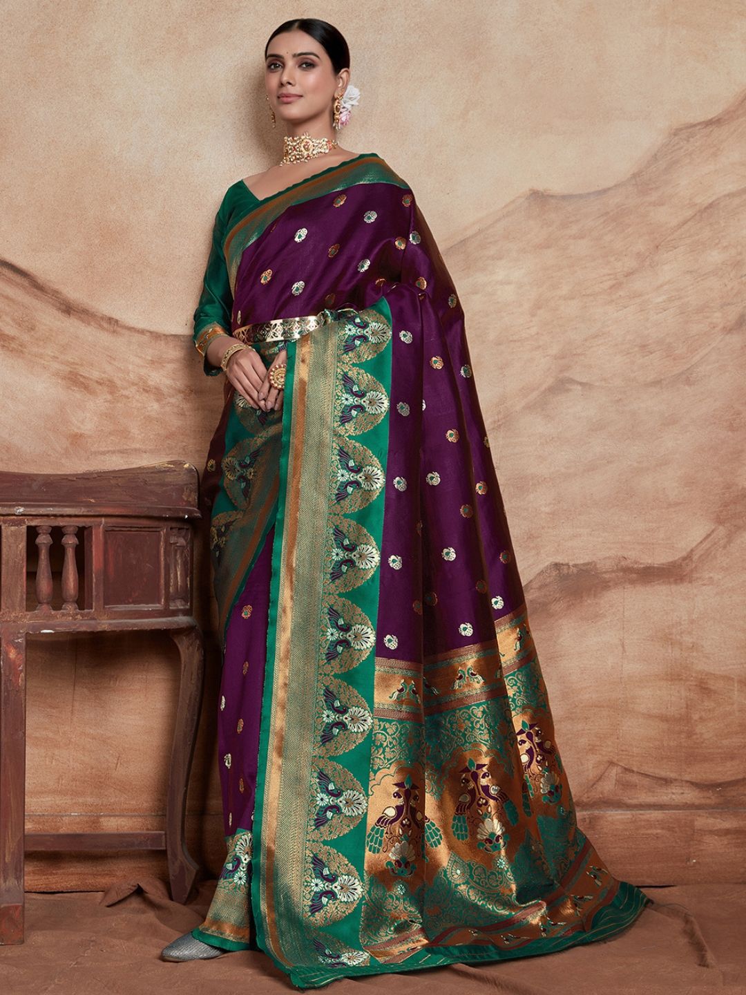 KALINI Woven Design Zari Silk Blend Paithani Saree With Blouse Piece