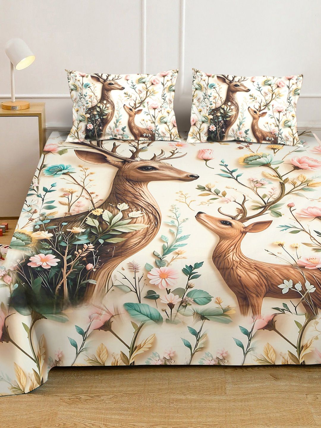 Cream Coloured Animal Printed Fitted 7D 400 TC Double King Bedsheet With 2 Pillow Cover