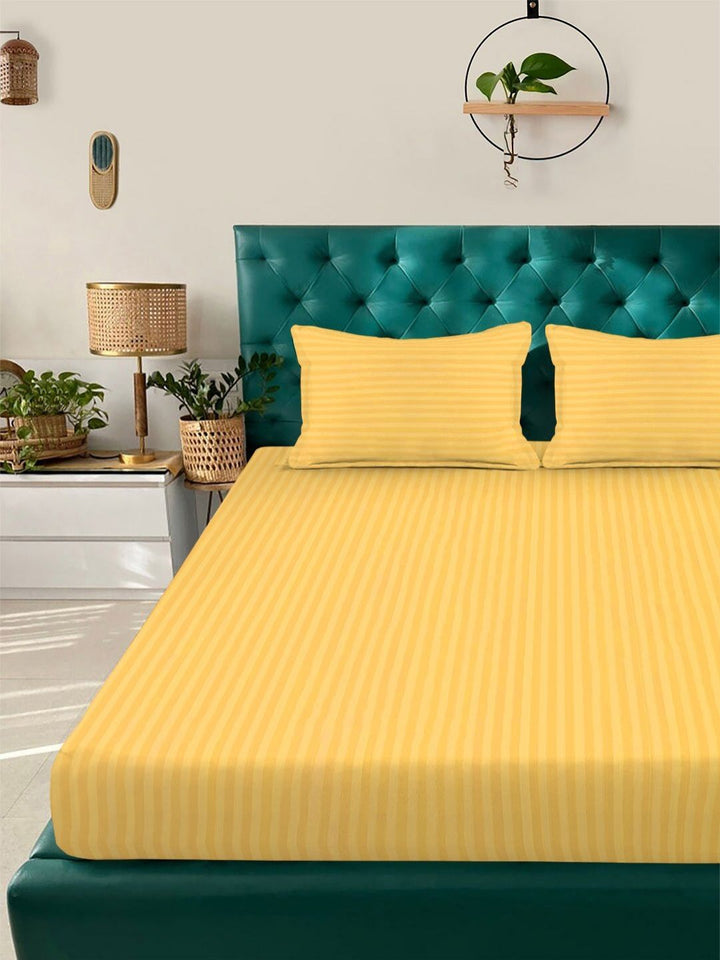Aura Yellow Striped 300 TC Double King Bedsheet Set 2.50 m x 2.25 m