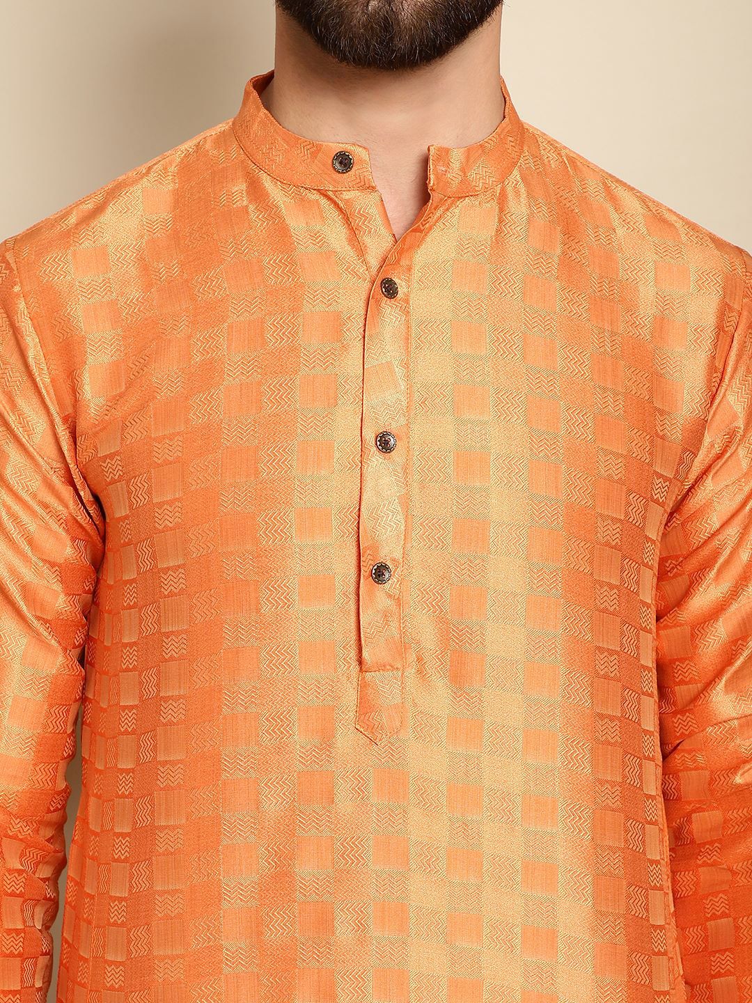 Anouk Orange Geometric Self Design Mandarin Collar Straight Kurta With Churidar