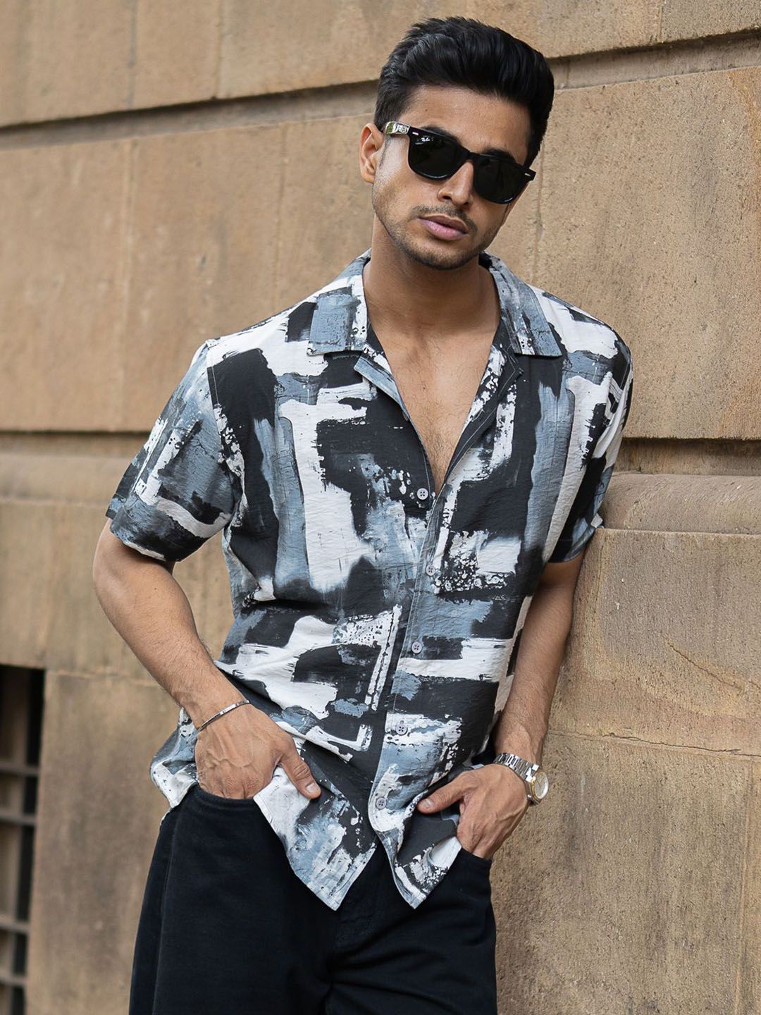 Powerlook Men Regular Fit Abstract Printed Cuban Collar Casual Shirt