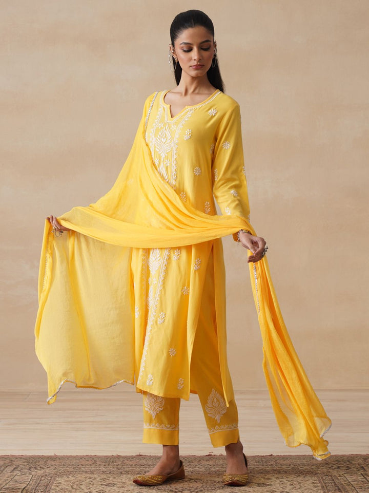 House of Chikankari Women Yellow Rayon Chikankari Embroidered Kurta Set