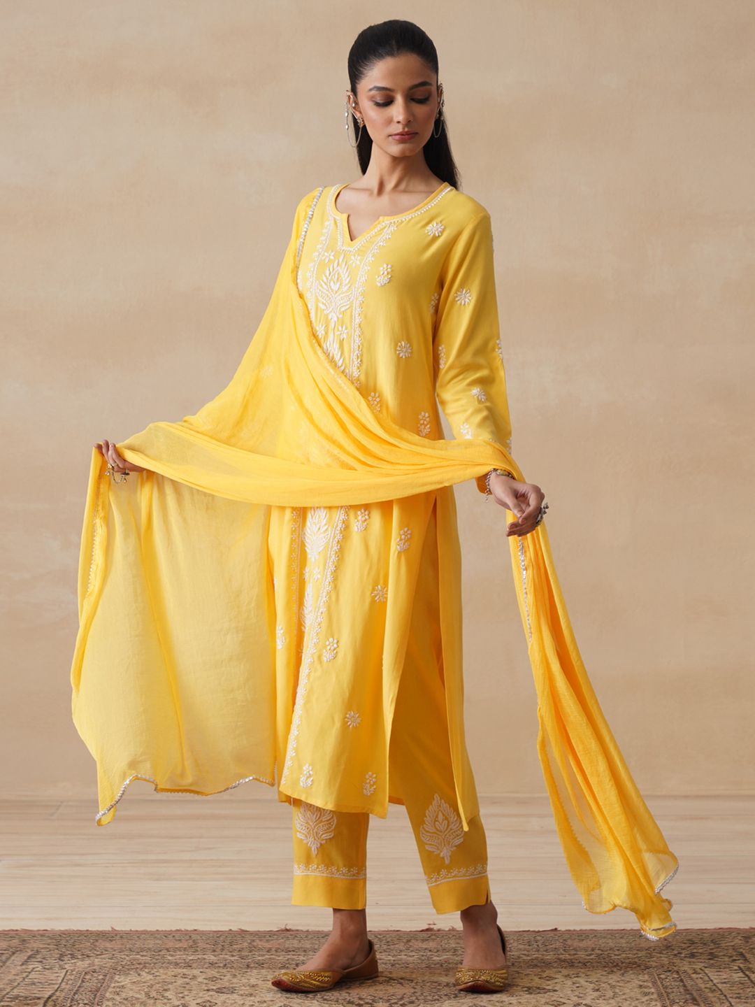 House of Chikankari Women Yellow Rayon Chikankari Embroidered Kurta Set