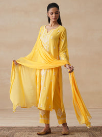 House of Chikankari Women Yellow Rayon Chikankari Embroidered Kurta Set