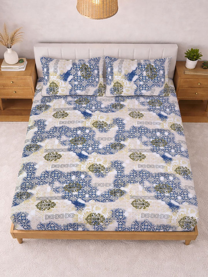 KLOTTHE Blue Geometric Printed Dilengkapi Cadar Katil Super King 400TC Dengan 2 Sarung Bantal