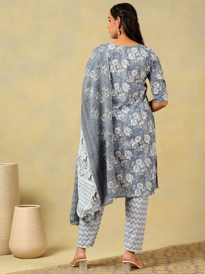Mamicha Women Floral Printed Regular Mirror Work Pure Cotton Kurta with Trousers & With Dupatta