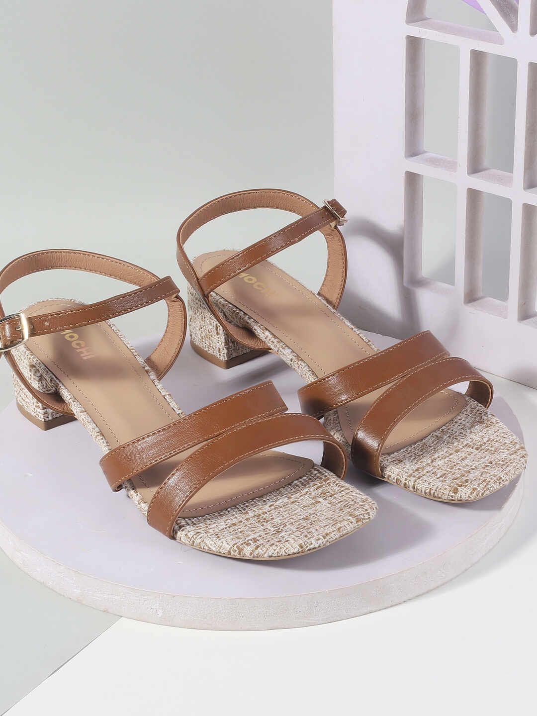Mochi Women Woven Design Block Heel Sandals with Buckles