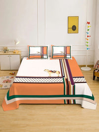 KLOTTHE Orange Geometric 400 TC Bedsheet with 2 Pillow Covers