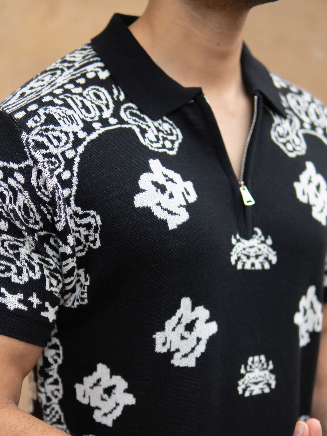 Powerlook SS25 Paisley Printed Bandana Knitted Polo Collar Pure Cotton T-Shirt