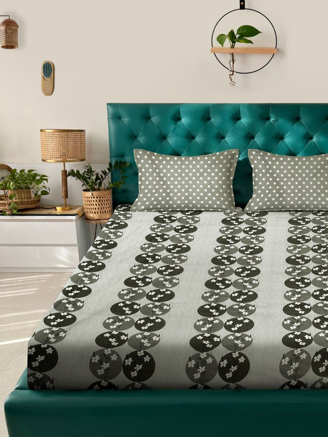 Myntra Elegant Homes Grey Floral 400 TC Set Cadar King Cotton 2.50 m x 2.25 m