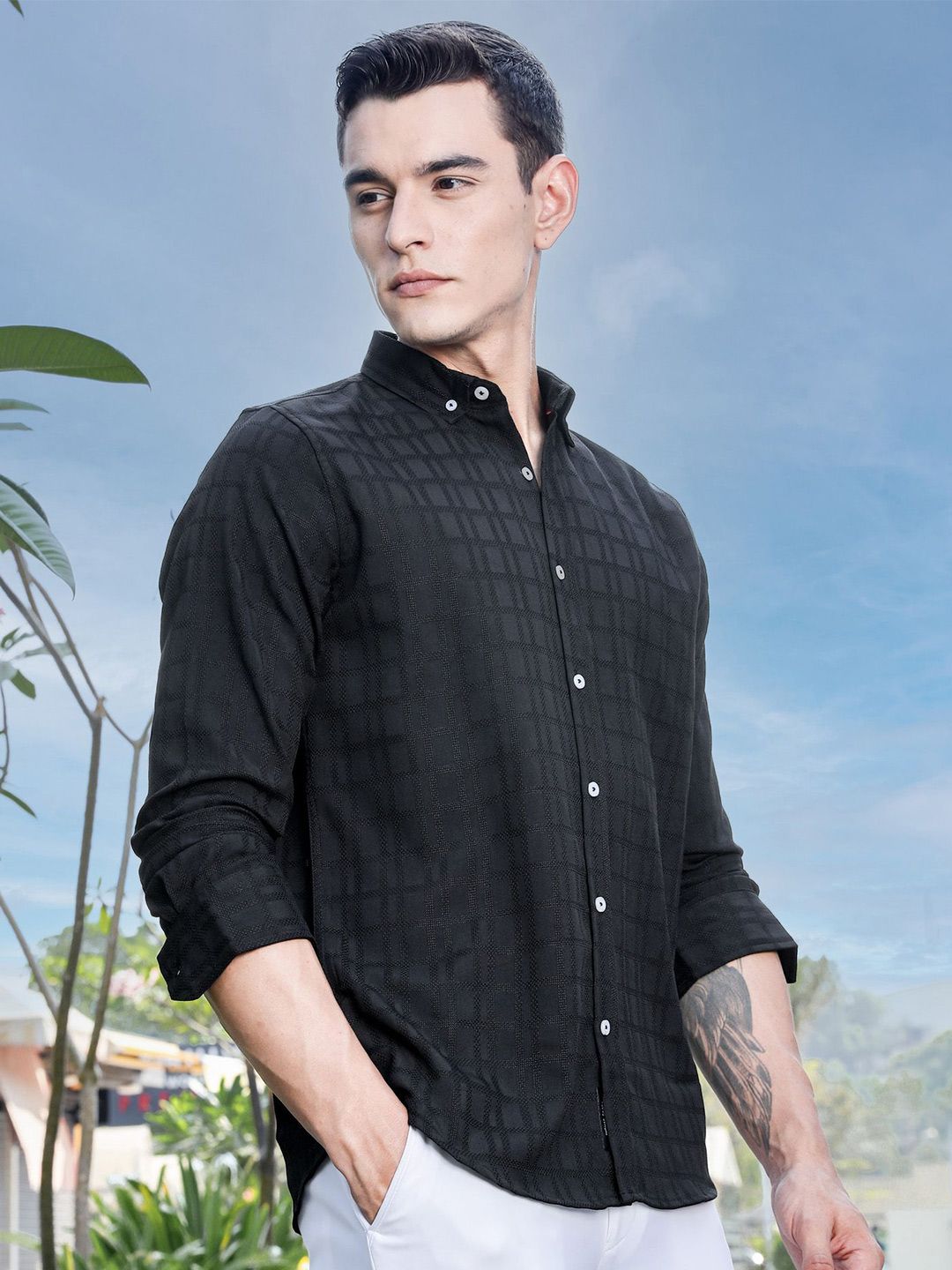 Thomas Scott Men Premium Slim Fit Button-Down Collar Textured Casual Shirt
