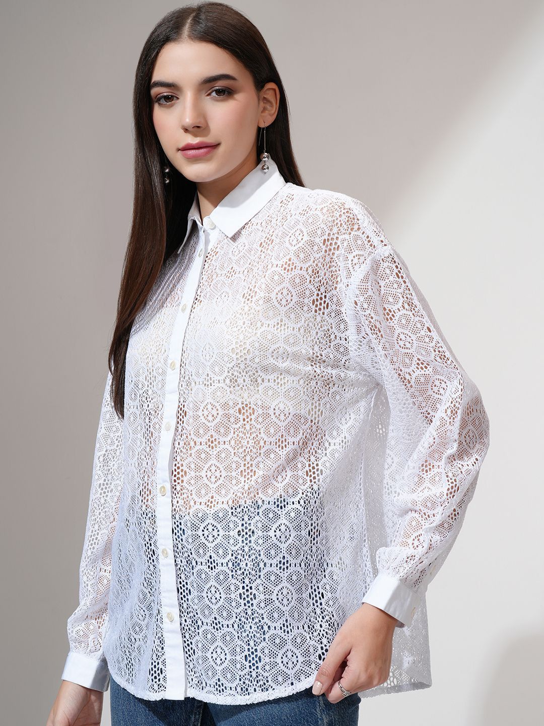 Tokyo Talkies Women Relaxed Fit Drop Shoulder Lace Shirt