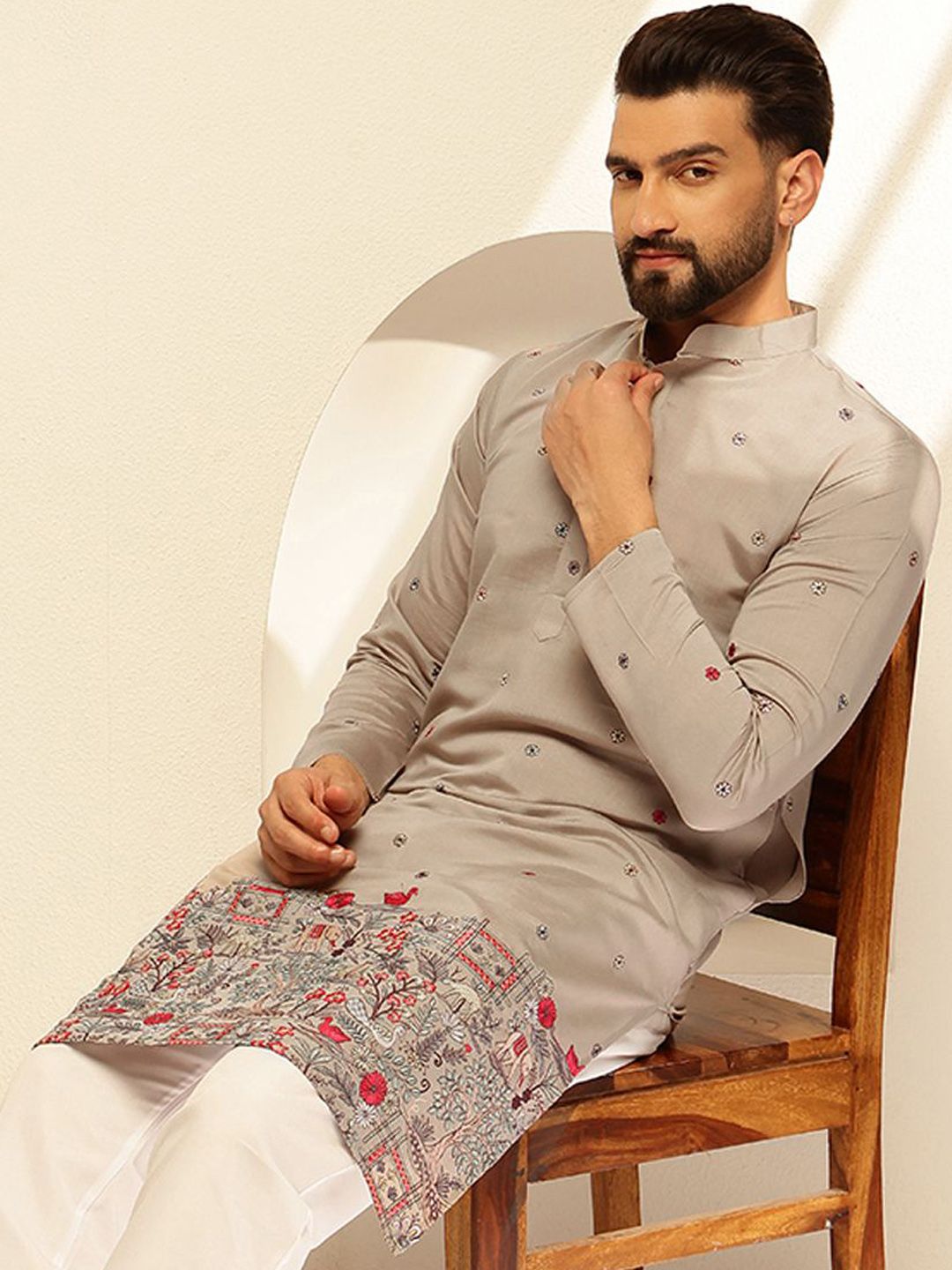 SOJANYA Floral Sulam Benang Kerja Cotton Silk Straight Kurta