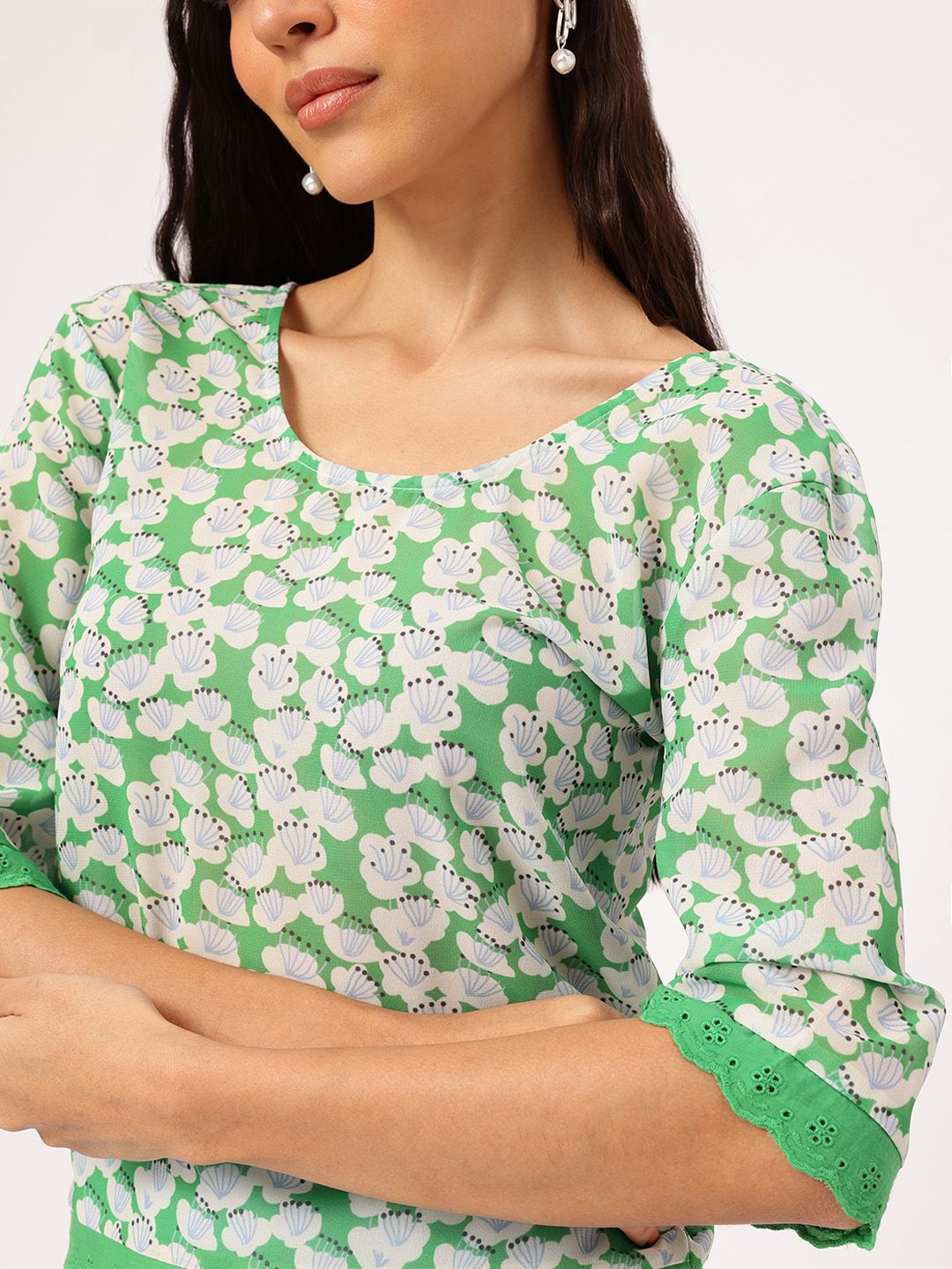 DressBerry Blooming-Bliss Floral Printed Lace-Hem Semi-Sheer Top