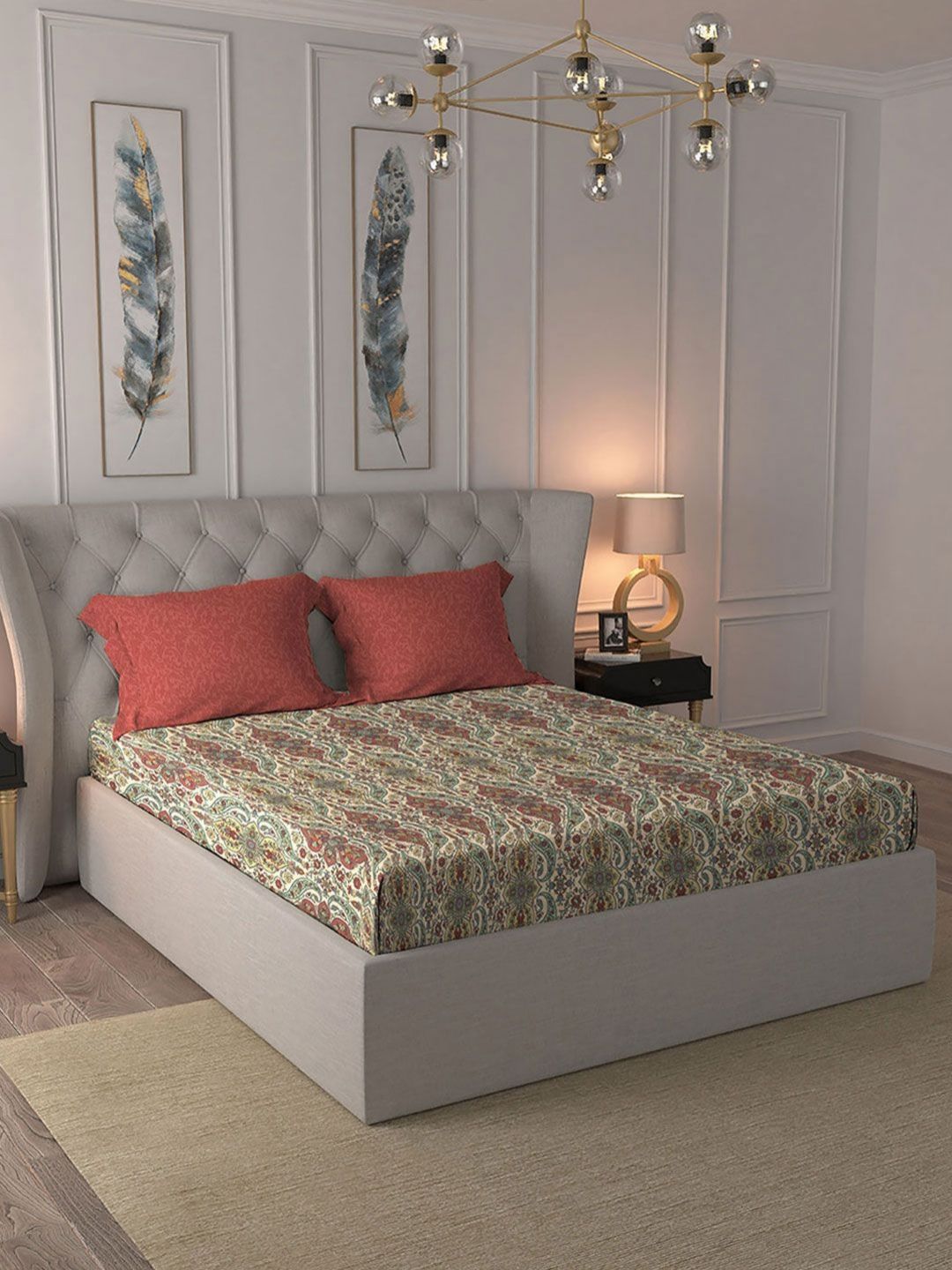 TRIDENT Feza Beige Celebration Flat 144TC Queen Pure Cotton Bedsheet Set
