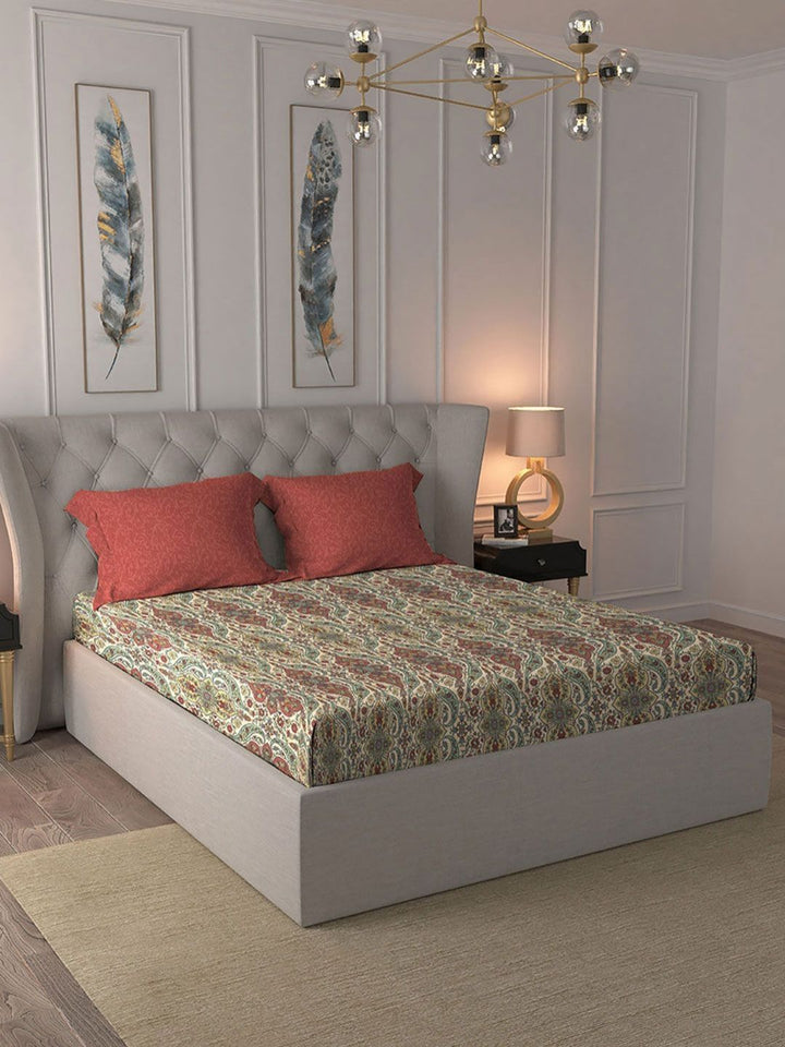 TRIDENT Feza Beige Celebration Flat 144TC Queen Pure Cotton Bedsheet Set
