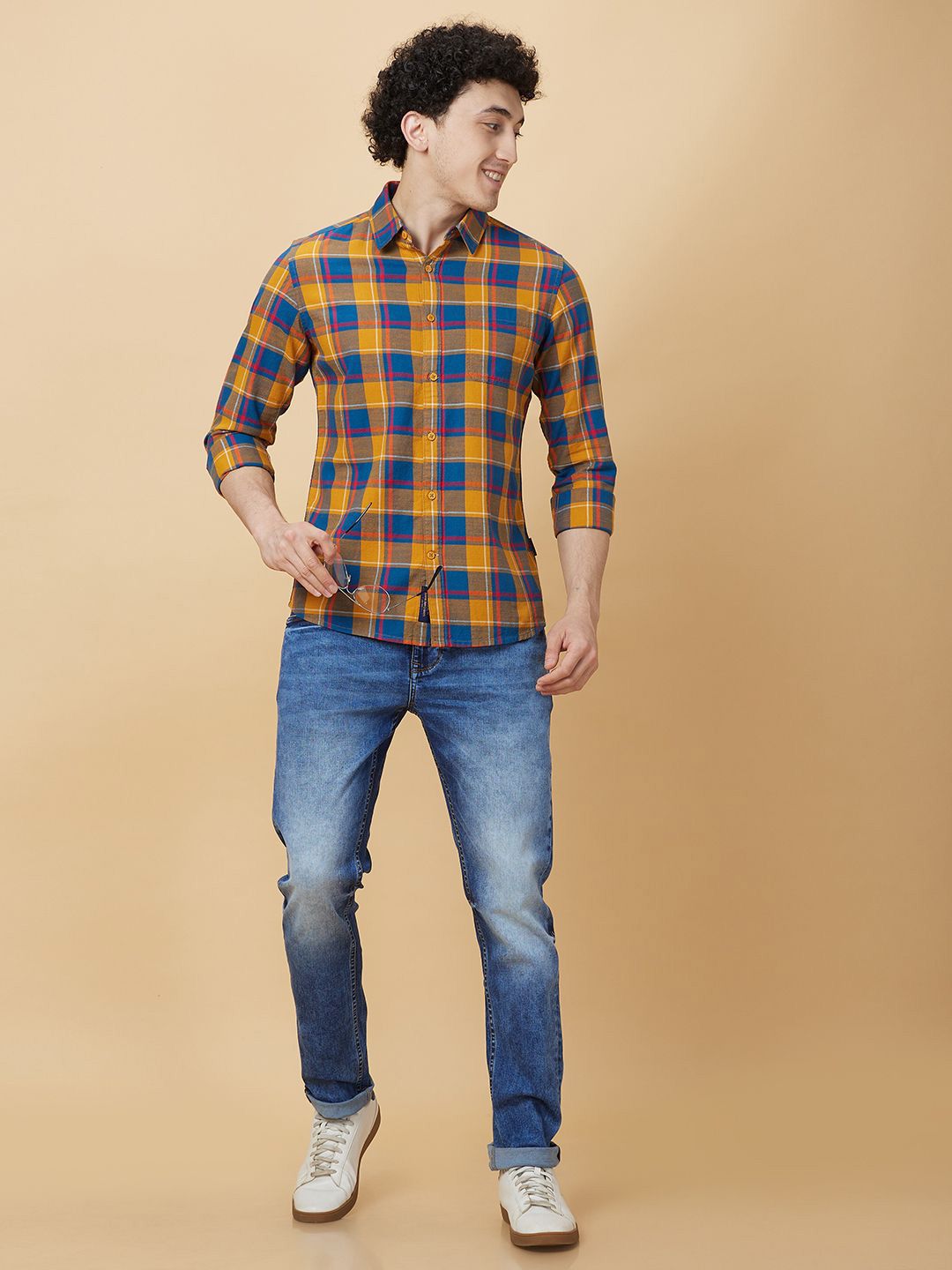 Being Human Men Classic Slim Fit Spread Collar Tartan Checked Cotton Casual Shirt