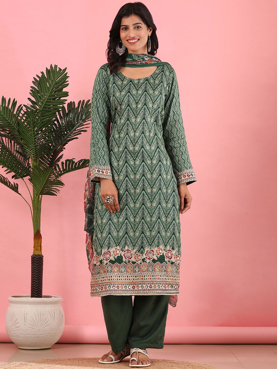 Mamicha Wanita Bercetak Kurta Kapas Tulen Biasa dengan Seluar & Dengan Dupatta