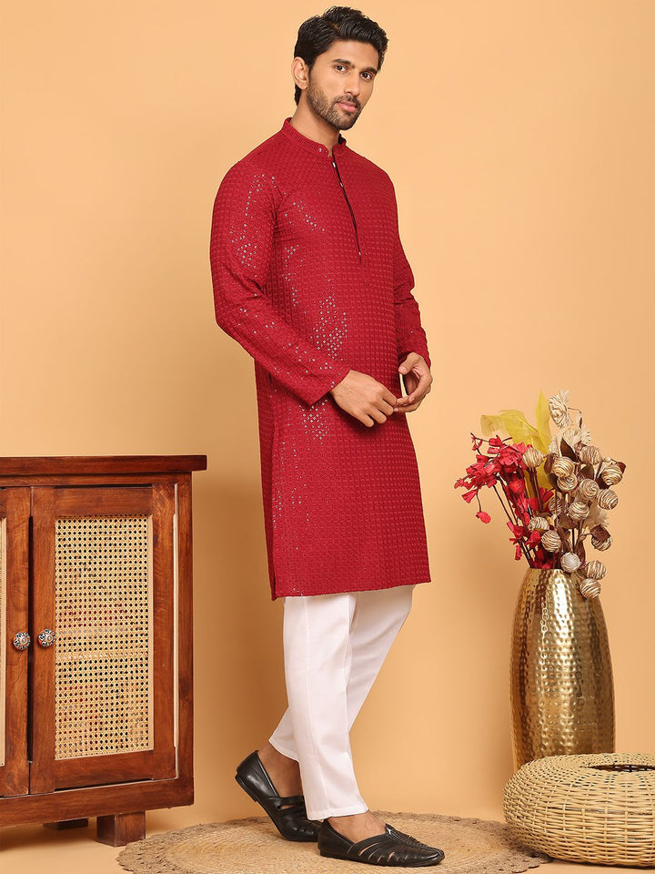 Jompers Floral Embroidered Mandarin Collar Sequinned Straight Kurta With Pyjama