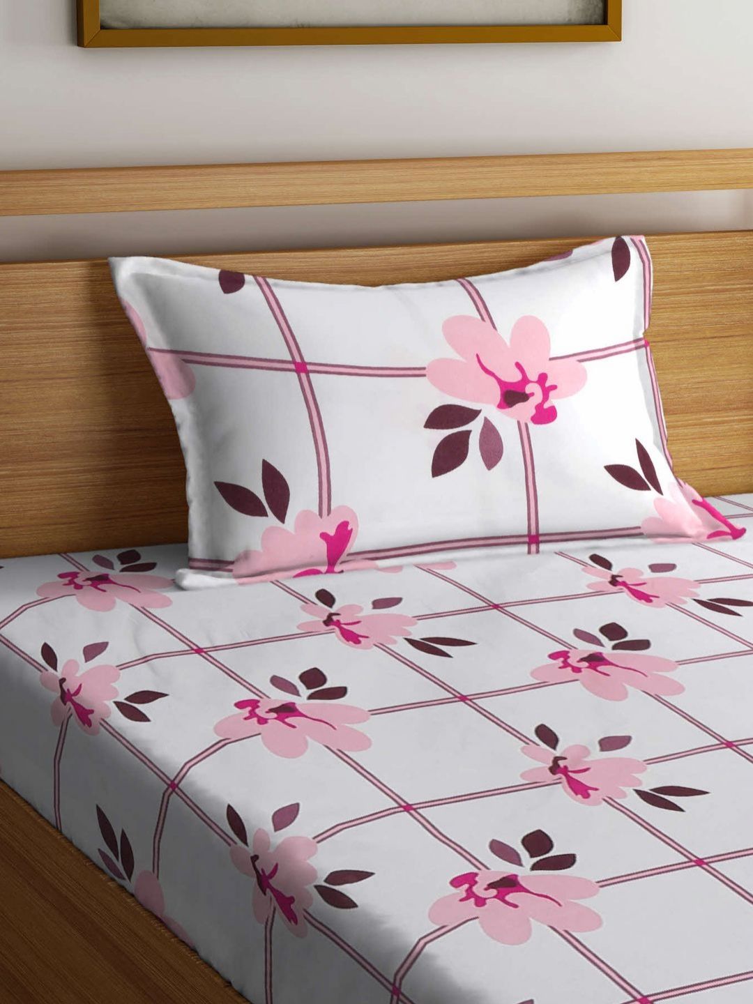 Myntra Elegant Homes White Floral Polycotton 300 TC Single Fine Bedsheet with a Pillow Cover-89 x 59 inches