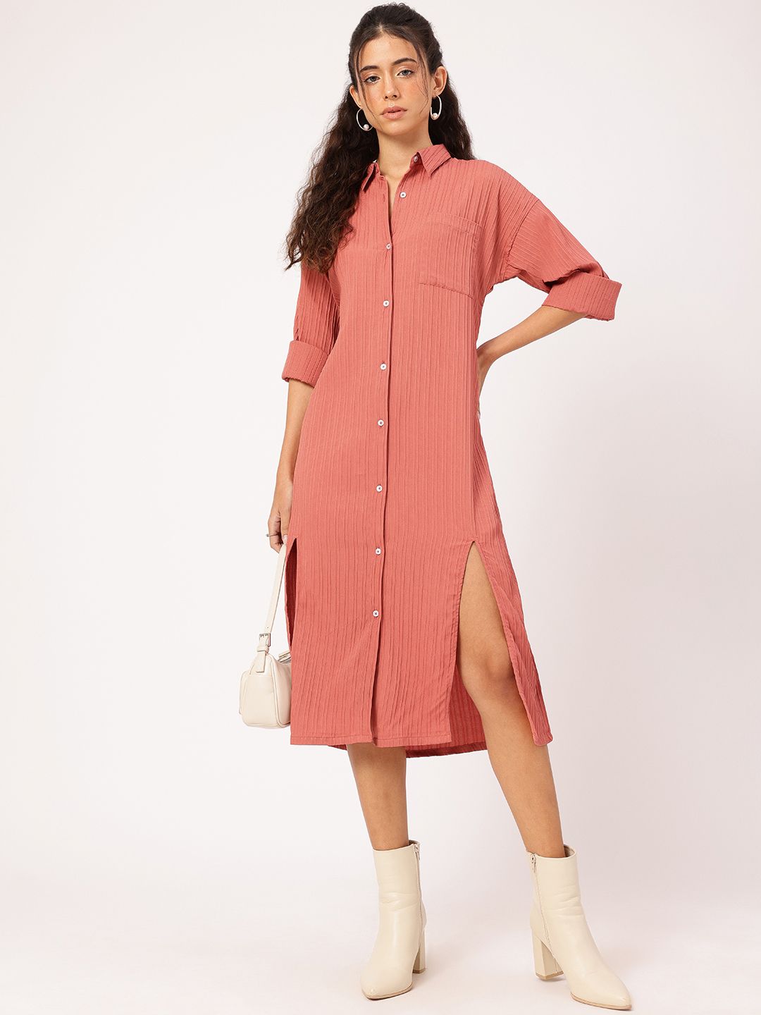 DressBerry Slit & Style Textured Midi Shirt Dress