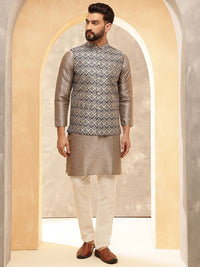 Anouk Brown Woven Design Jacquard Silk Straight Kurta Dengan Piyama Dan Jaket Nehru