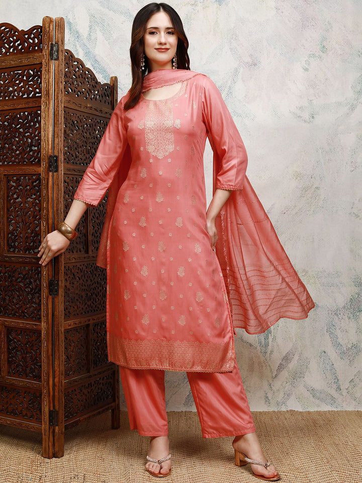 Vishudh Floral Printed Round Neck Straight Kurta with Trousers & Dupatta