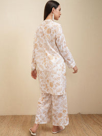 Vishudh White & Beige Floral Printed Pure Cotton Tunic With Trousers