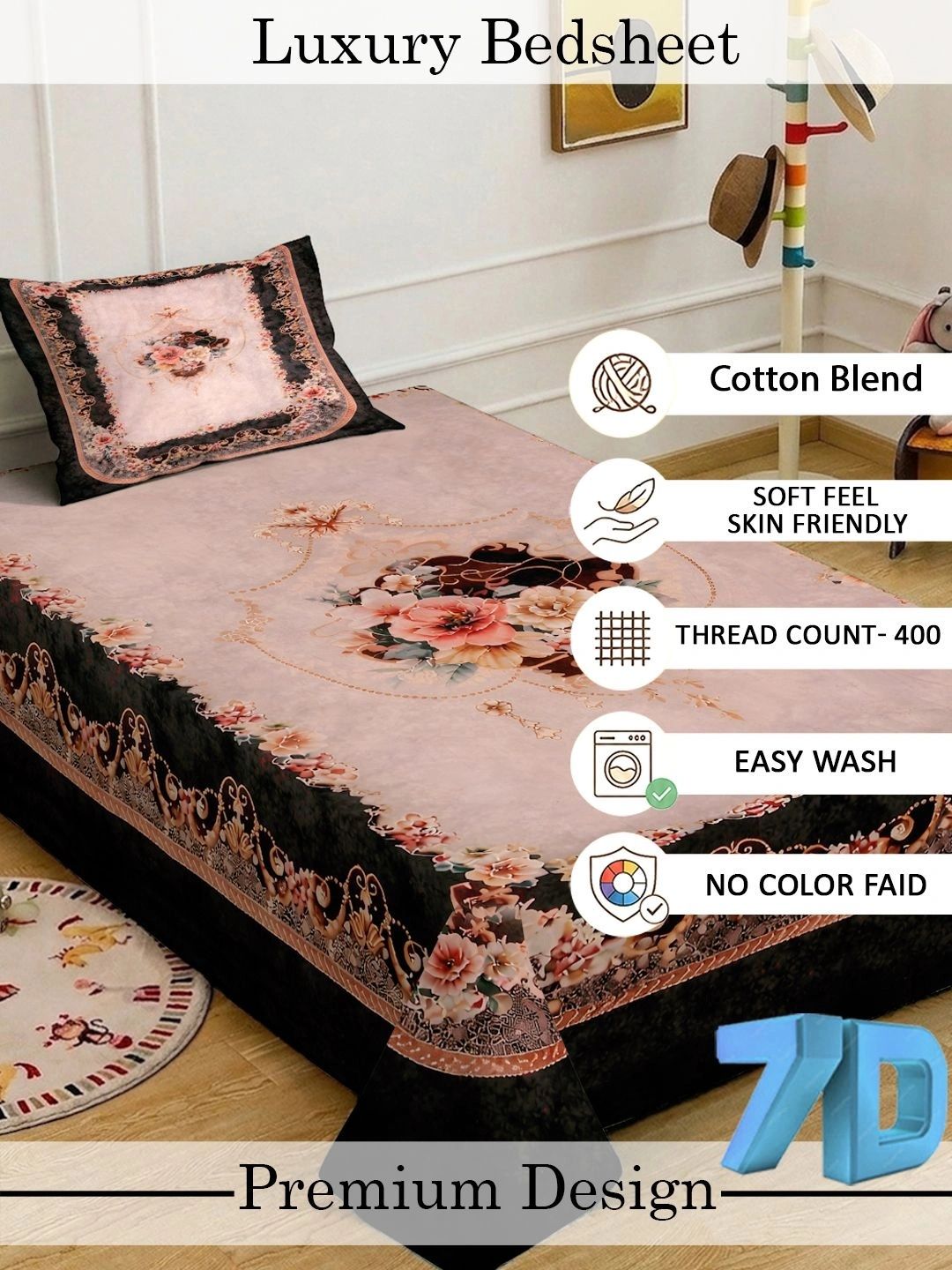 KLOTTHE Pink & Black Floral Dilengkapi 400 TC Single Cadar 7D dengan 1 Sarung Bantal
