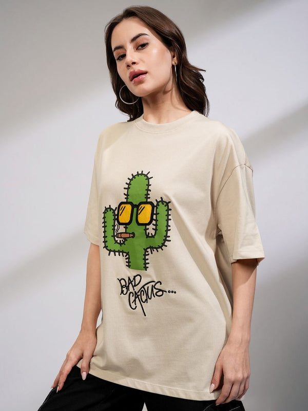 Street By Tokyo Talkies Women Solid Oversized Fit Chest Print T-Shirt