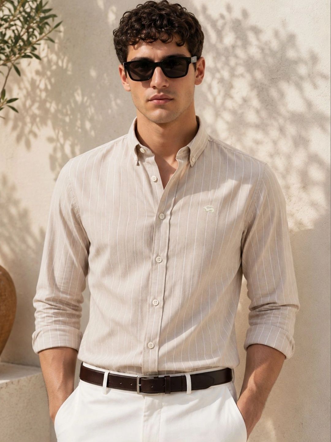 ADRO Men Beige Striped Regular Fit Casual Cotton Shirt