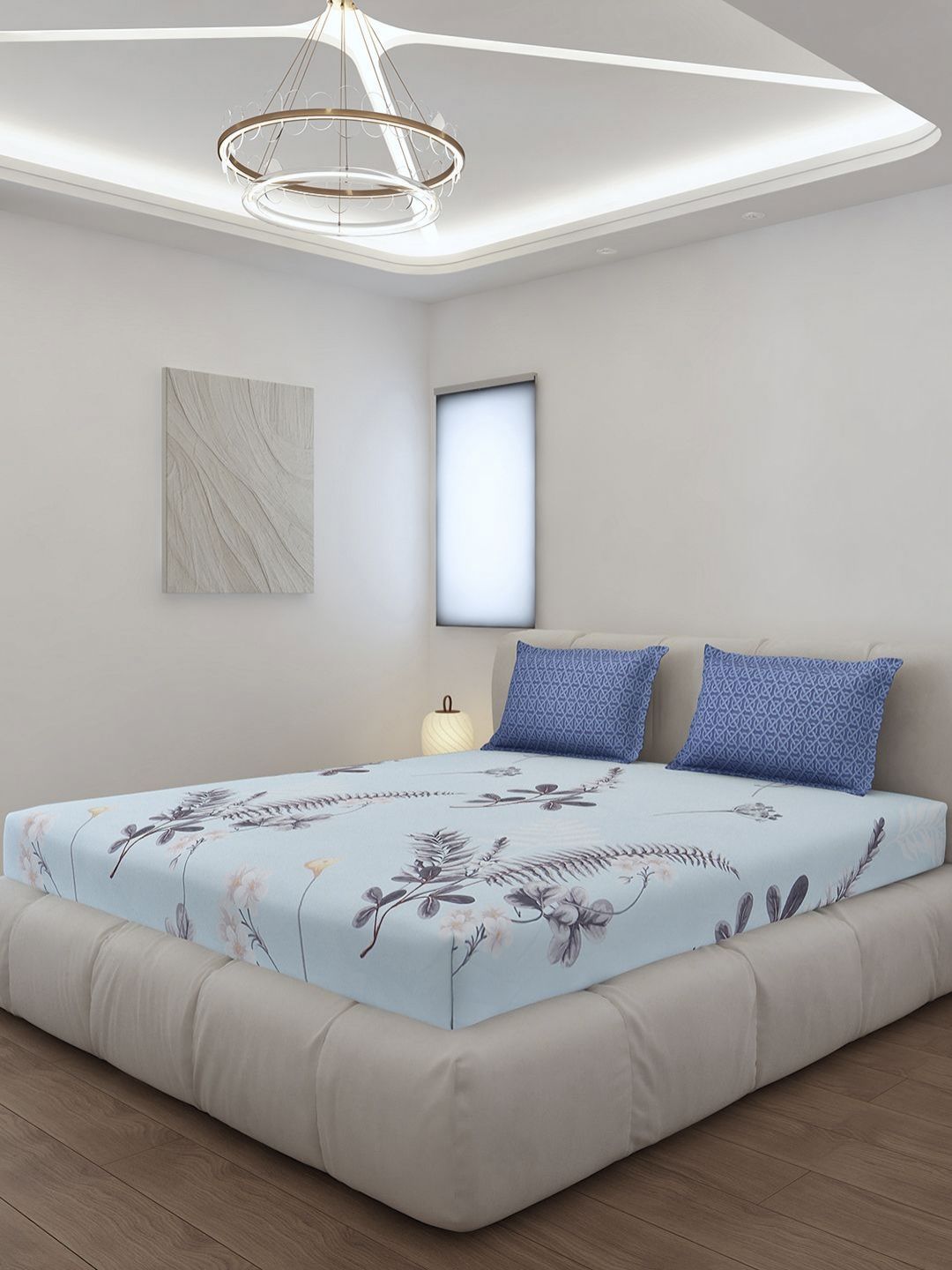Monte Carlo Stanley Blue Floral Dicetak 144 TC King Bedsheet Set 1.85 m x 1.95 m