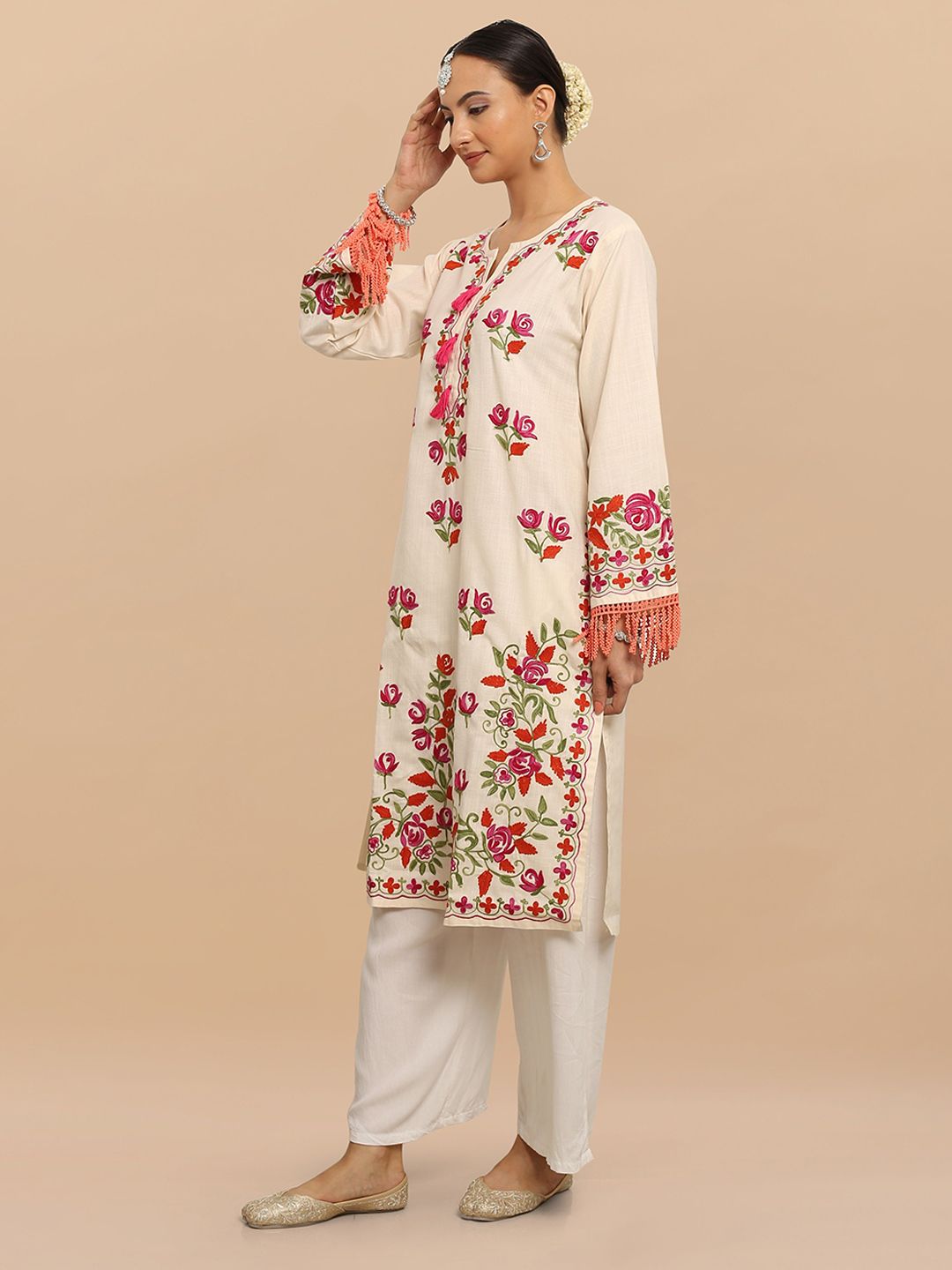 HOUSE OF KARI Floral Embroidered Cotton Falak Kashmiri Straight Kurta