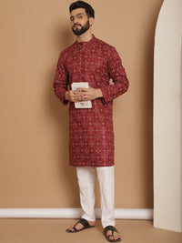 Anouk Maroon Floral Printed Mandarin Collar Straight Kurta With Churidar