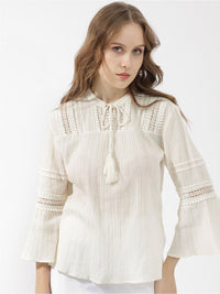 Rareism Striped Tie-Up Neck Bell Lengan Kapas Atas