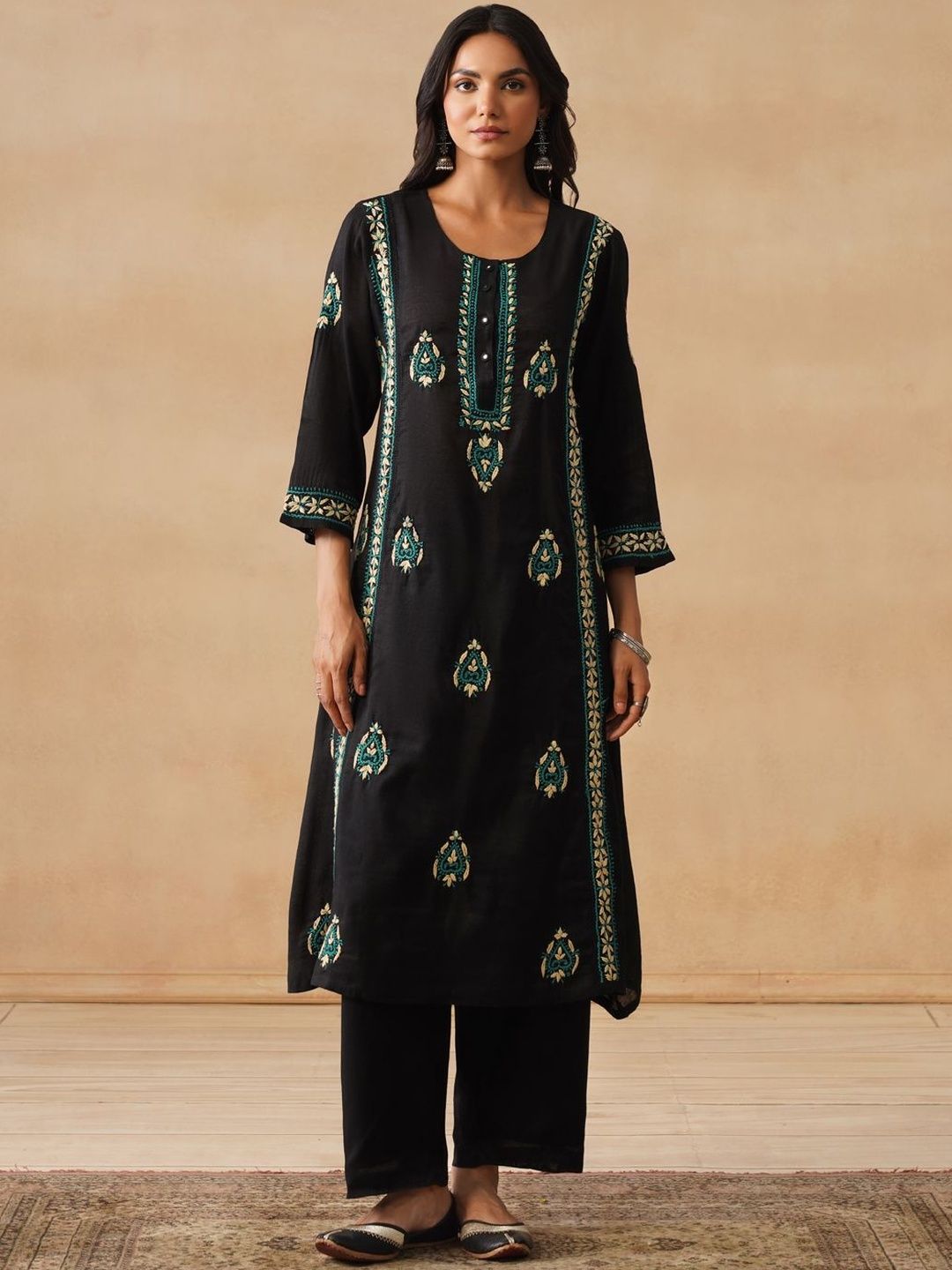 House of Chikankari Women Regular Chanderi Cotton Kurta with Trousers Set