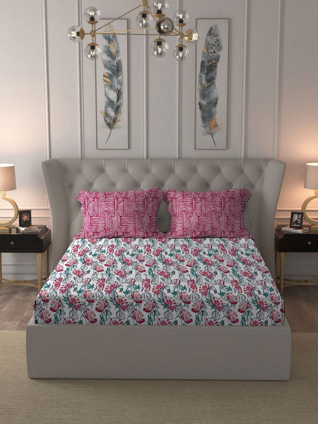MYTRIDENT Ivy Pink Moments Flat 120TC Queen Pure Cotton 1 Bedsheet with 2 Pillow Covers