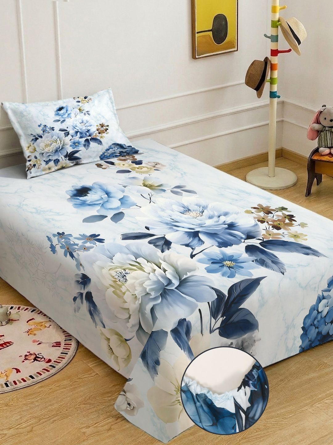 KLOTTHE Blue & White Floral Dilengkapi 400 TC Single Cadar 7D dengan 1 Sarung Bantal