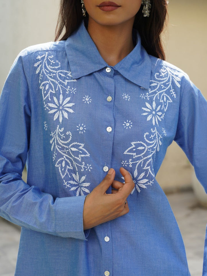 House of Chikankari Chikankari Solid Women's Shirt-light Blue Shirts