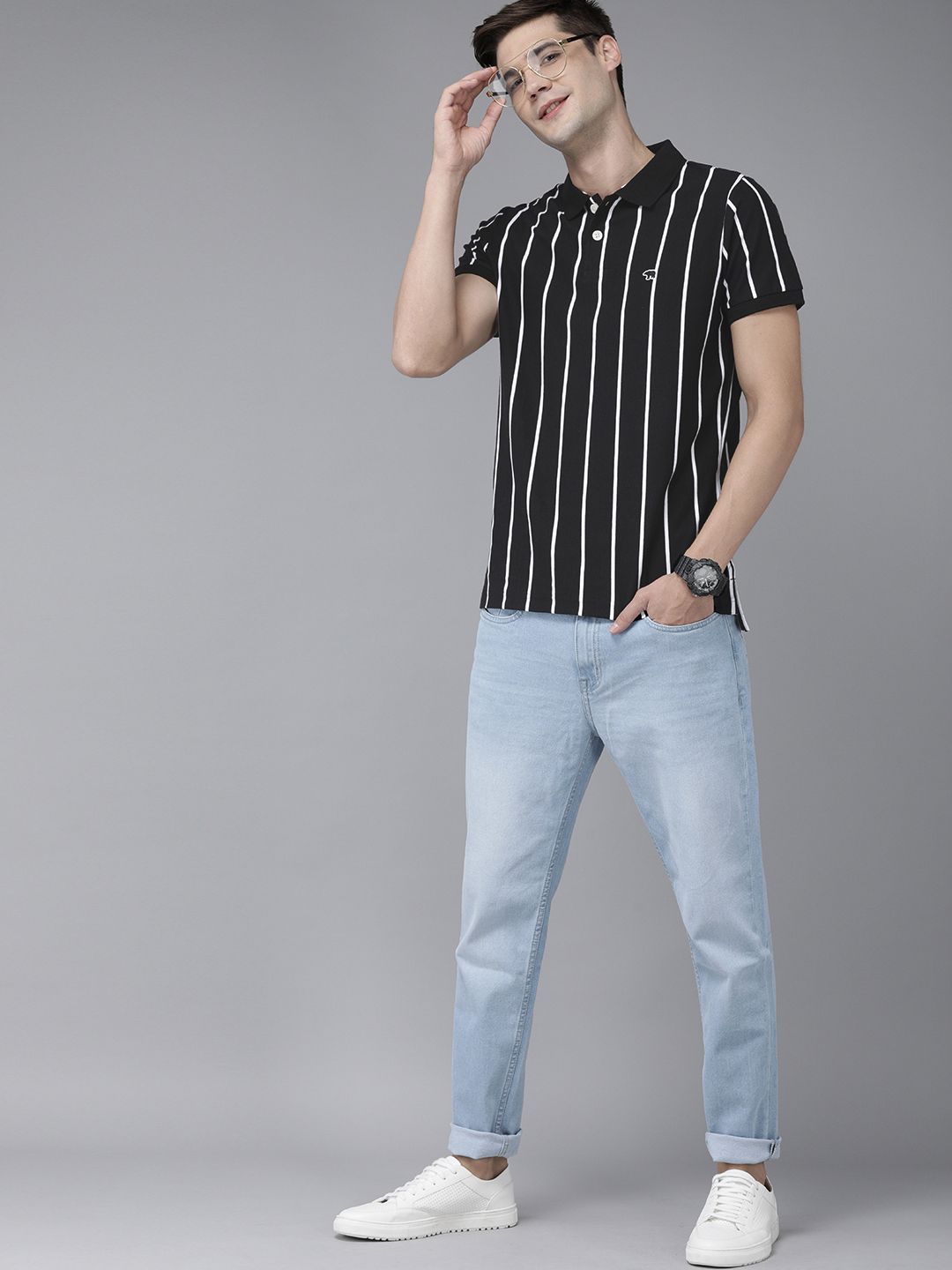 THE BEAR HOUSE Men Black & White Striped Yarndyed Polo Collar Slim Fit T-shirt
