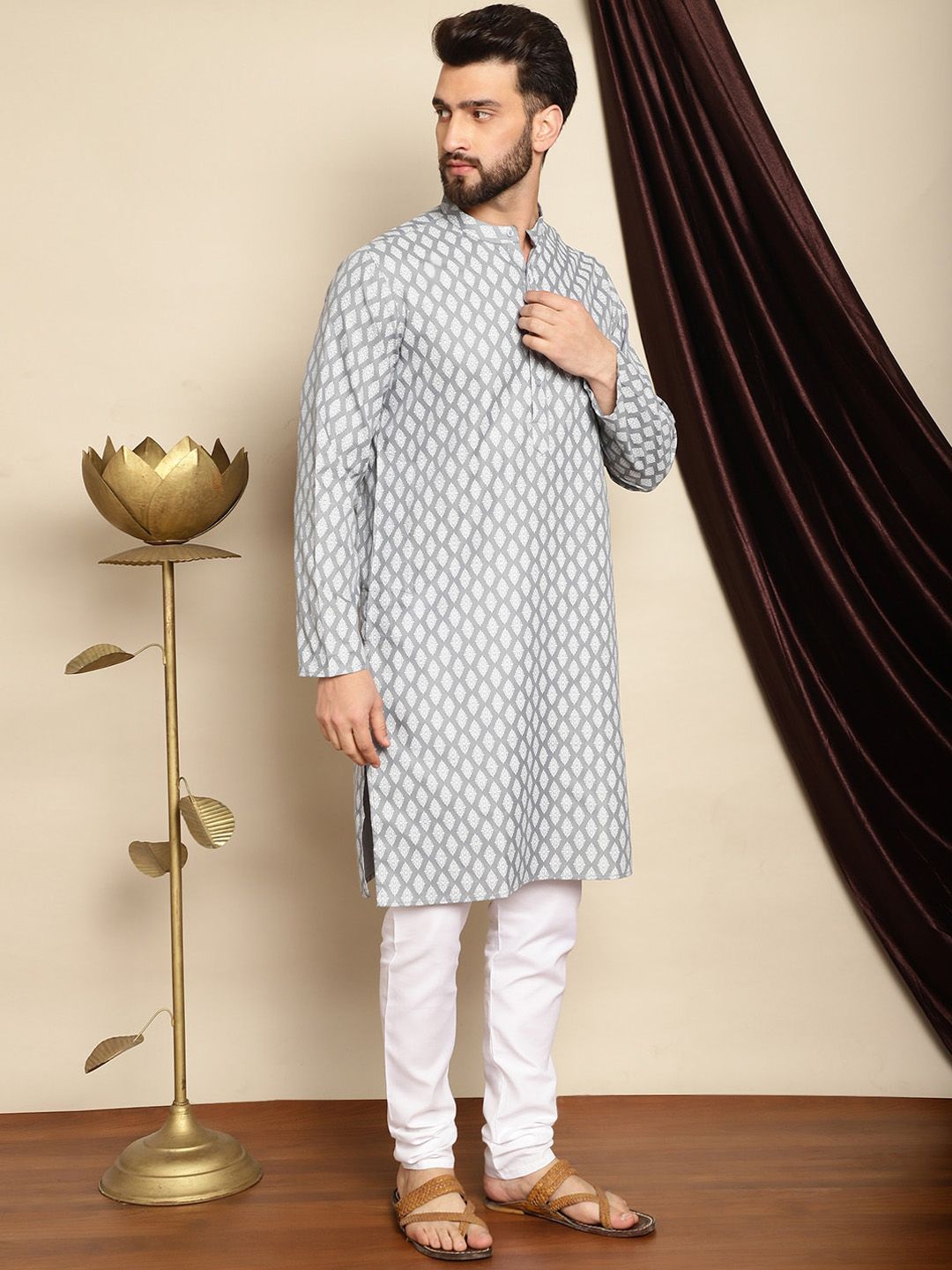 Anouk Grey Mandarin Collar Ethnic Motifs Printed Straight Kurta with Pyjamas