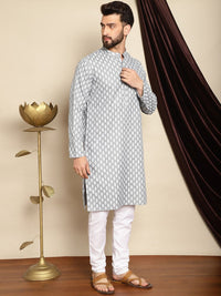 Anouk Grey Mandarin Collar Ethnic Motifs Printed Straight Kurta with Pyjamas